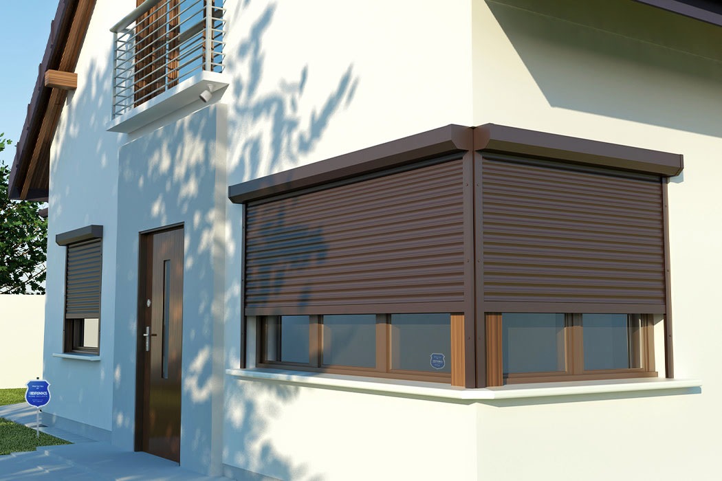 Brown roller shutters fitted to a modern home