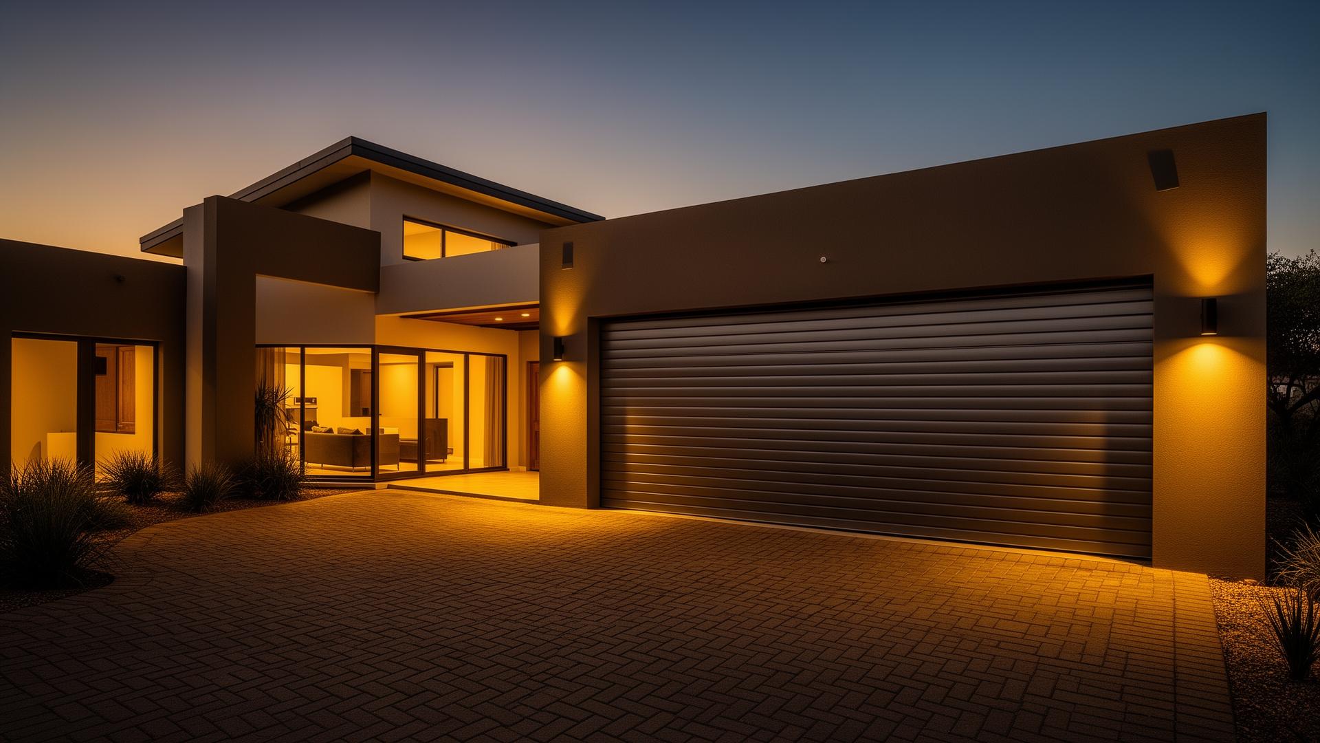 Modern home at dusk with a sleek roller garage door